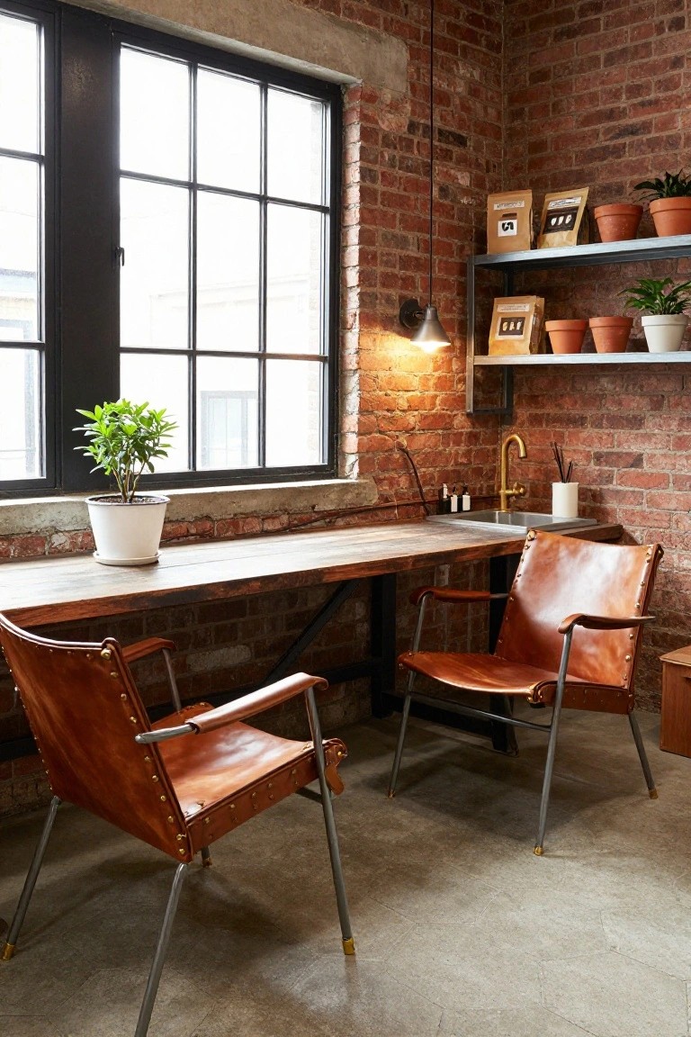 Exposed brick-walled interior room with wooden workbench along the wall, two tan leather armchairs with rivets, potted plants, metal shelves holding bags and pots, pendant light, and small sink with gold faucet.