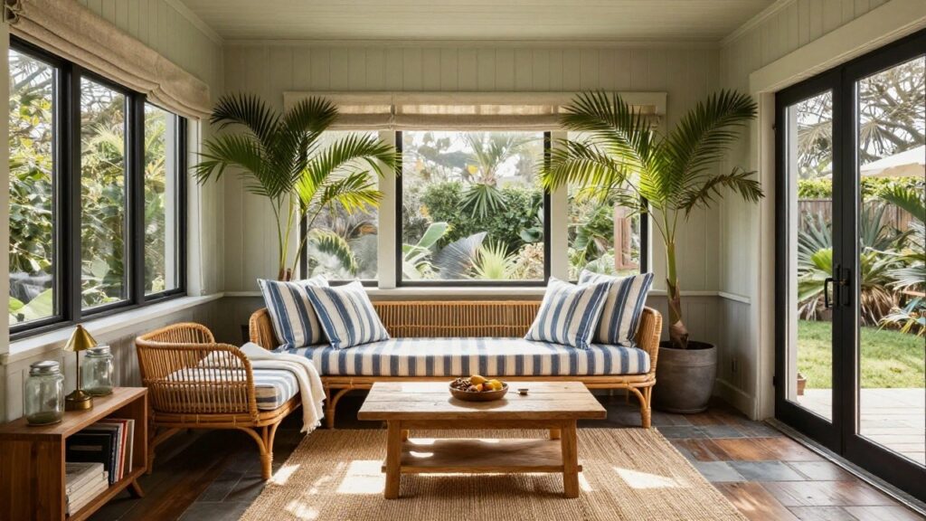 Sunroom with rattan daybed covered in blue and white striped cushions and a throw blanket, wooden coffee table topped with a potted succulent, tall potted palm plant, large windows overlooking lush garden, sheer linen shades, side table with blue glass jars and lamp, seagrass rug on tile floor.