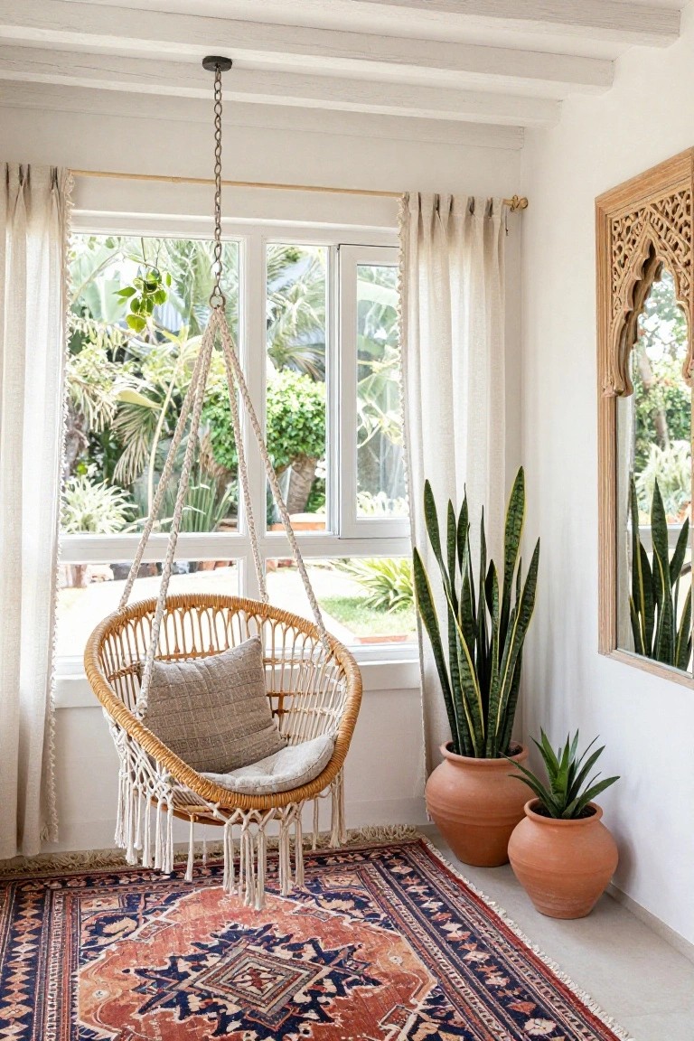 Rattan egg chair with beige cushions and macrame ropes suspended from wooden ceiling beams in a white-walled room with large curtained windows showing outdoor greenery, flanked by potted snake plants in terracotta pots, a carved wood mirror, and a red-and-blue patterned rug on the floor.