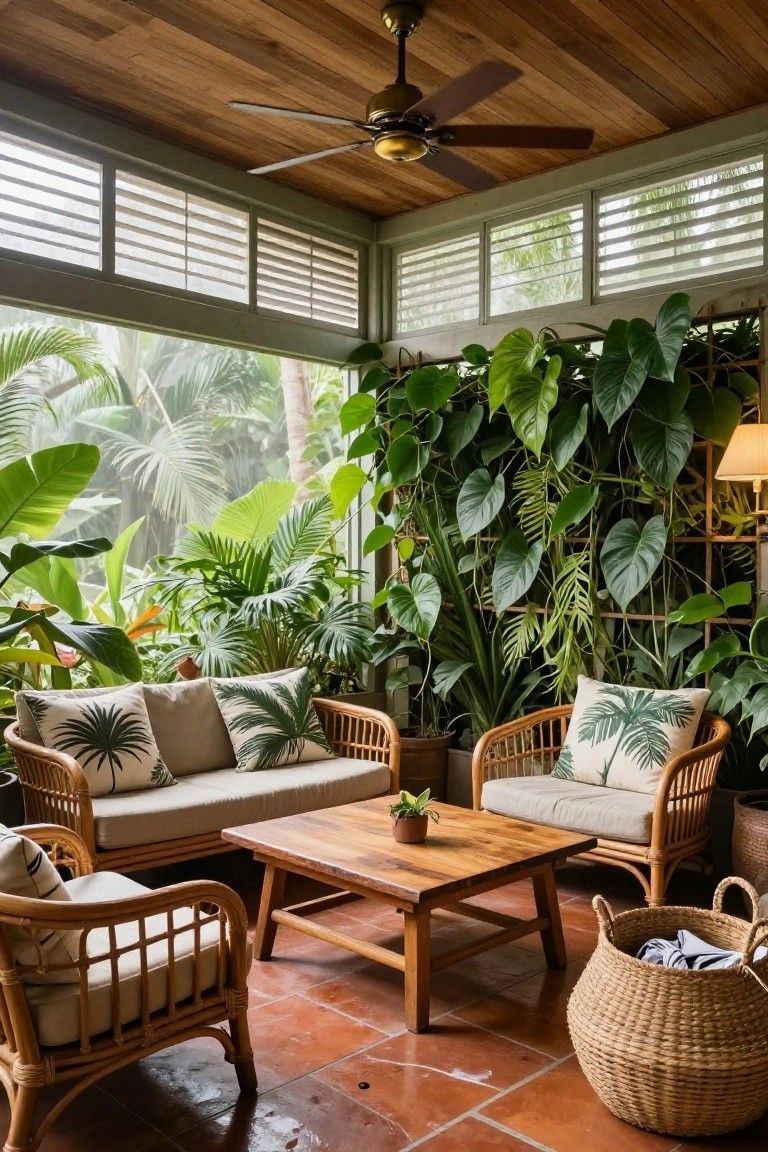 A season room with rattan sofa and chairs around a wooden coffee table, lush green plant wall of large tropical leaves, wooden ceiling with ceiling fan, louvered windows, and terracotta tile floor.