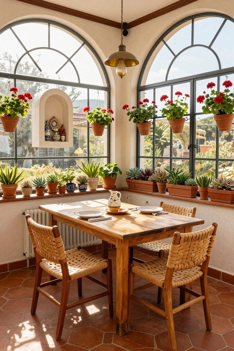 Sunlit corner room with large arched black-framed windows filled with hanging potted geraniums, windowsill succulents and pots, a central wooden dining table set with white plates and a jug, rattan chairs, terracotta tile floor, and garden view outside.