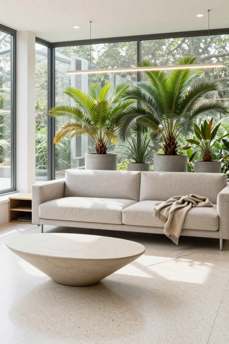 Beige three-seat sofa with a tan throw on a light terrazzo floor next to an oval beige stone coffee table in a room with tall potted palms, large corner windows showing outdoor trees, and a wooden side table.