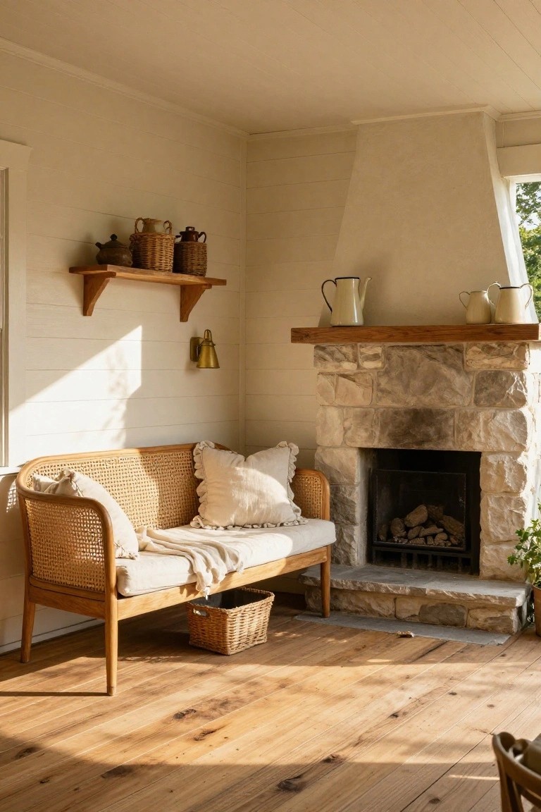 Sunlit interior corner with a beige rattan bench piled with white pillows and a throw in front of a stone fireplace, wooden shelves holding pottery on white shiplap walls, and hardwood floors.