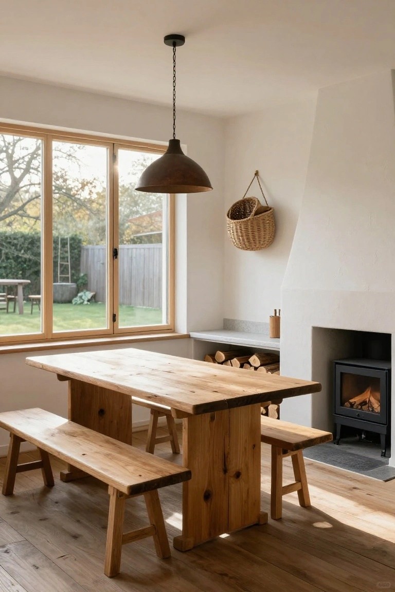 Indoor dining area featuring a large rectangular wooden table with live-edge details and matching wooden benches, next to a fireplace and large windows showing a garden view.