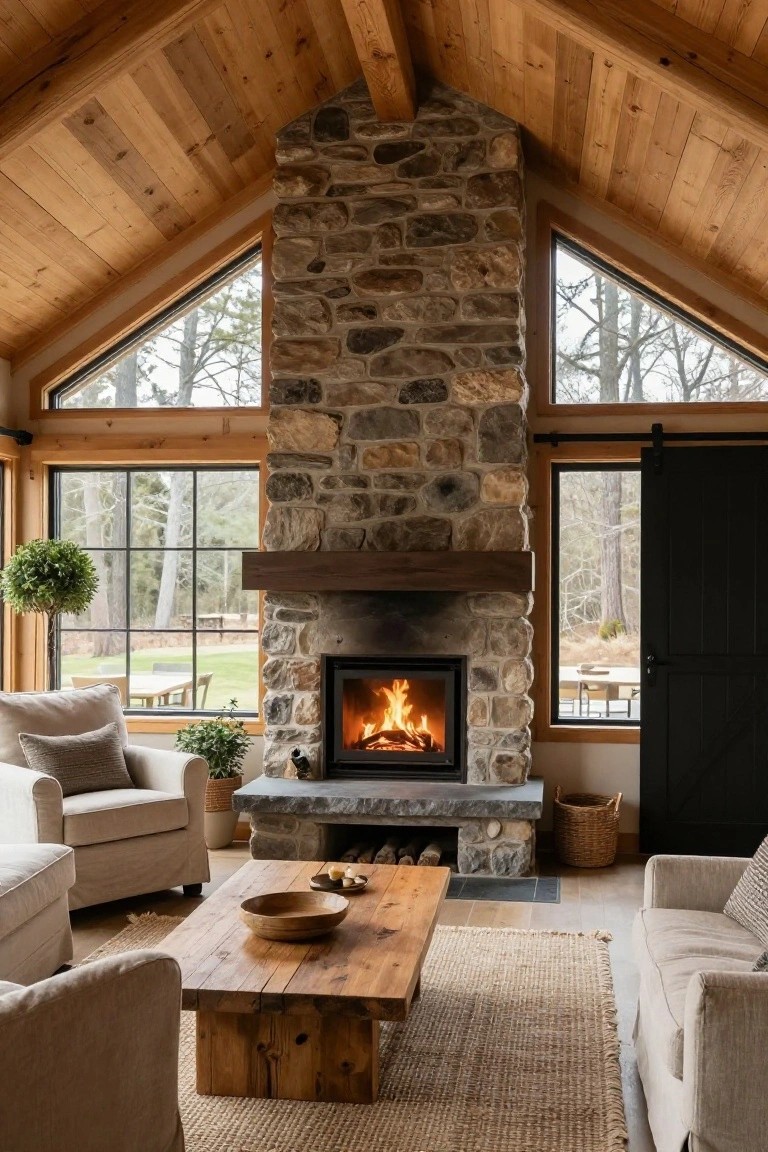 Interior season room with tall irregular stone fireplace containing a wood fire, vaulted ceiling of exposed wooden beams, large triangular and rectangular windows showing pine trees and outdoor patio furniture, neutral fabric armchairs and sofa, live-edge wood coffee table, potted plants, and woven baskets.