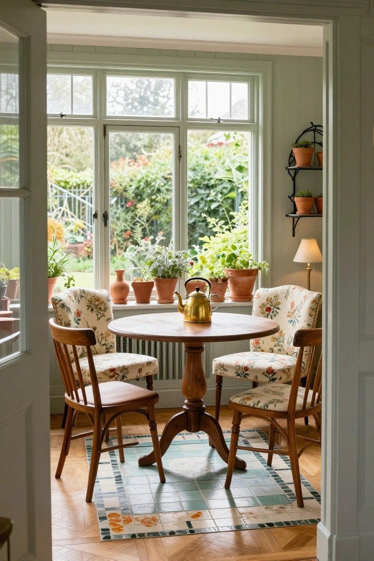 Sunroom interior with a round wooden table, four matching floral-upholstered chairs, potted plants on windowsills, and large windows overlooking a garden.