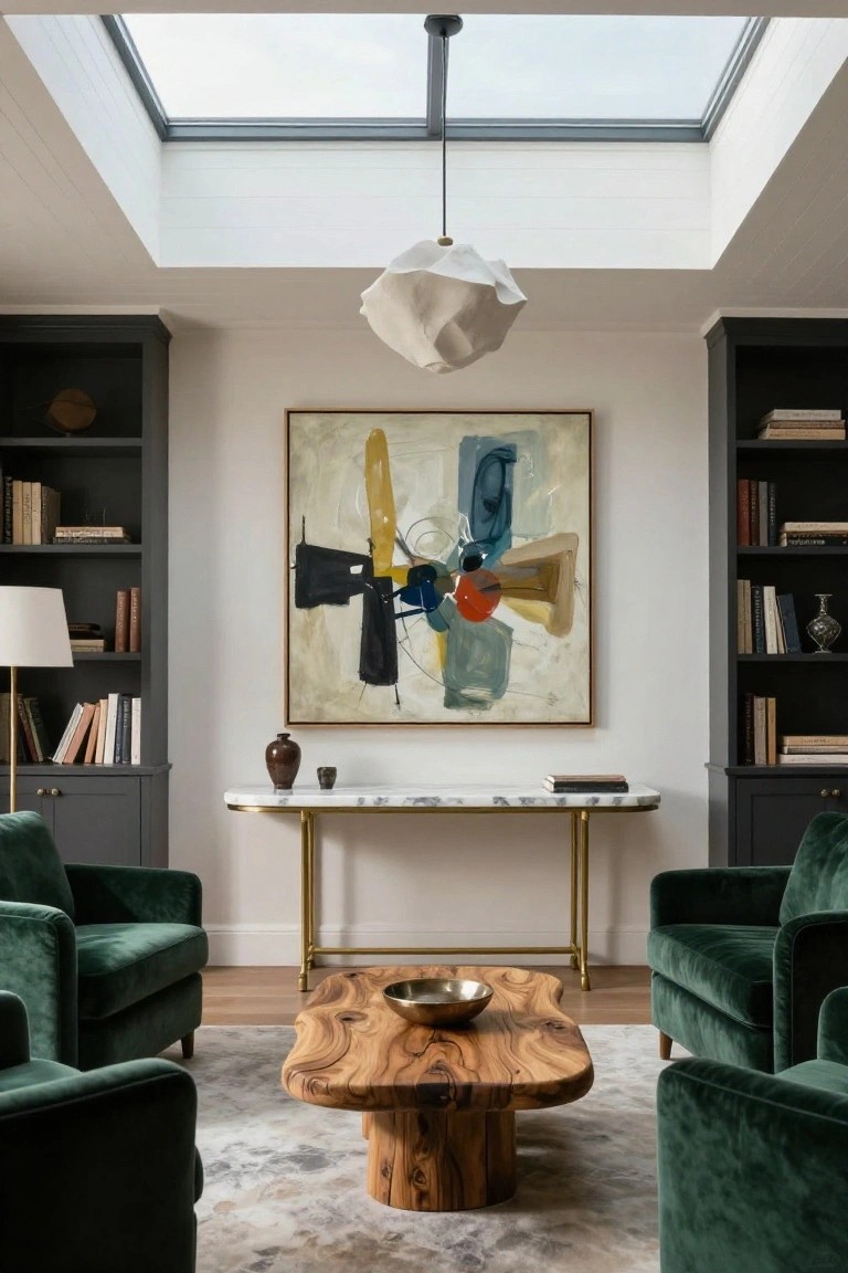 Light-filled interior room with skylight, symmetrical dark wood bookshelves flanking a large abstract painting on a white wall, two green velvet armchairs facing a live-edge wooden coffee table, marble console table, and floor lamp.