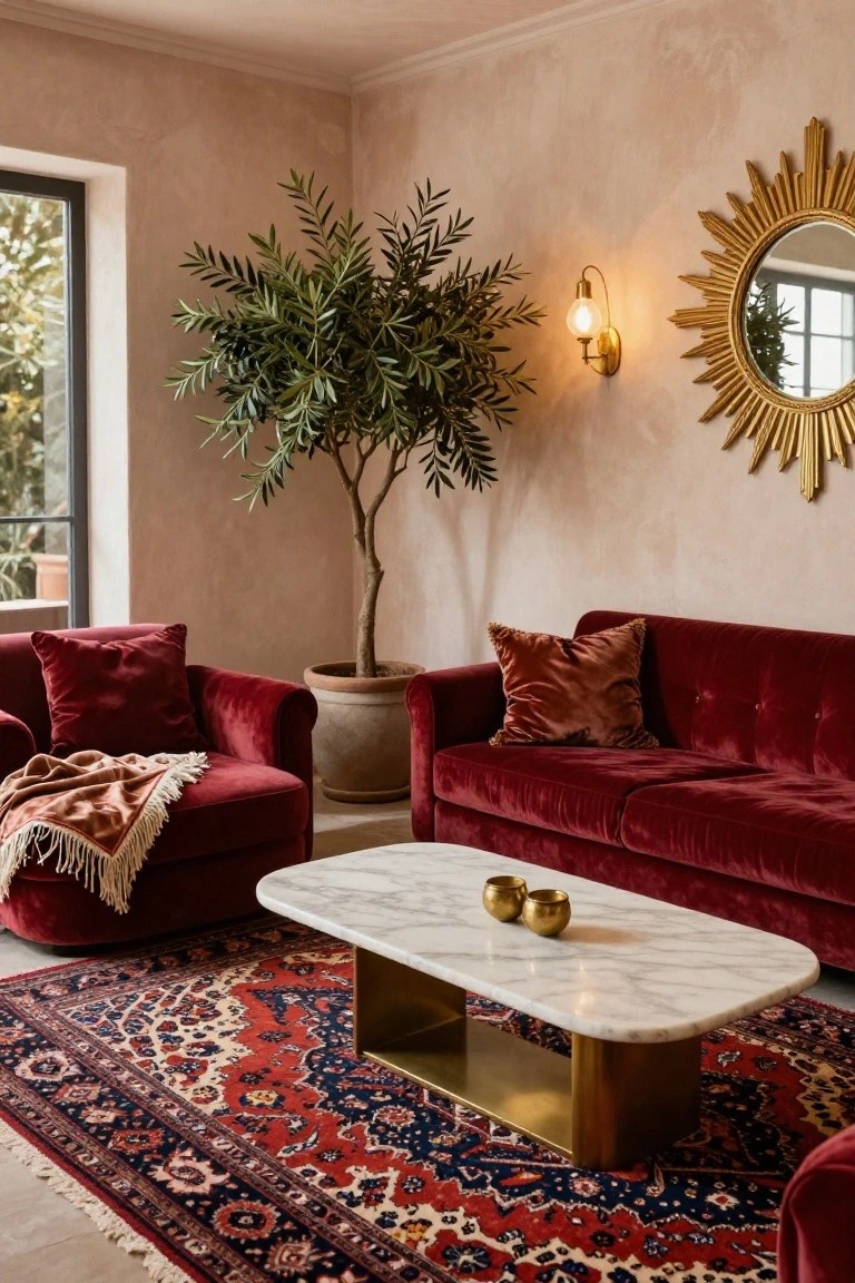 A cozy indoor seating area with red velvet armchairs, sofa, white marble coffee table on brass legs, large potted olive tree, gold sunburst mirror, wall lamp, textured beige walls, large windows, and red Persian rug.