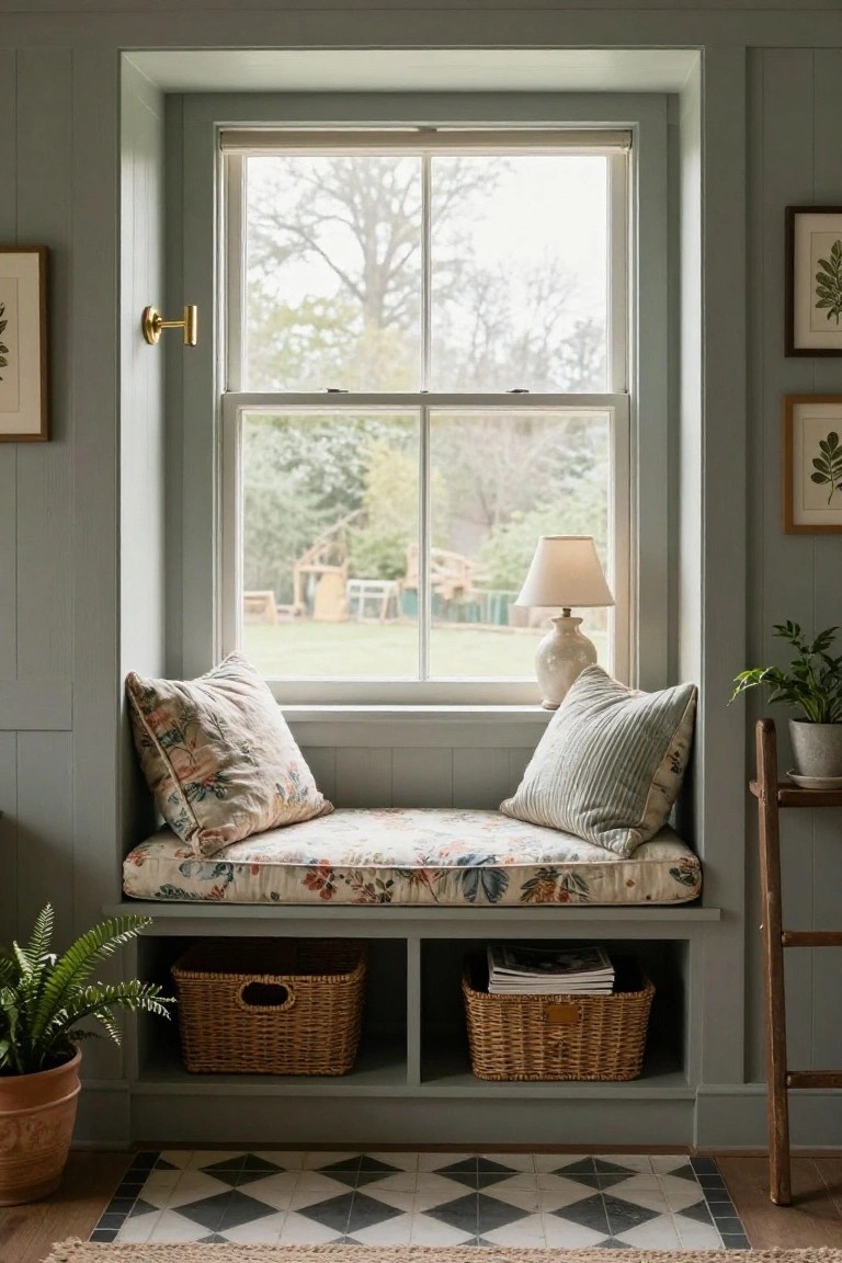 Gray paneled interior with a built-in window bench seat covered in floral cushions and striped pillows, a white lamp on the sill, potted plants, wicker storage baskets underneath, and a view of a garden outside the multi-pane window.