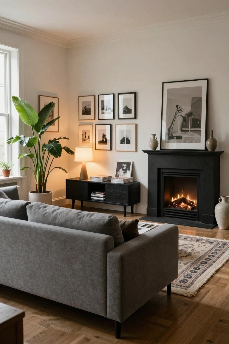 Living room with white walls, black fireplace and media console, gray L-shaped sofa, tall potted plant by window, black-framed black-and-white photos on wall, and beige rug on wood floors.