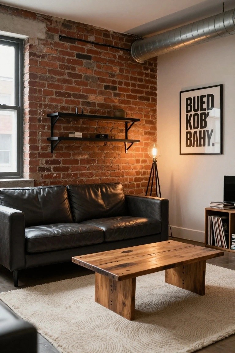 Apartment living room with exposed red brick wall, black metal floating shelves, black leather sofa, rustic wooden coffee table on seagrass rug, tripod floor lamp, and wall art.