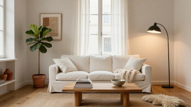 Apartment living room with a sofa, rug, and floor lamp