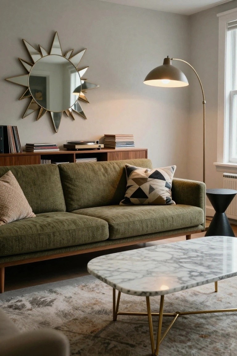 A modern apartment living room with an olive green textured sofa, low white marble coffee table on brass legs, arched floor lamp with brown shade, gold sunburst mirror above a wooden cabinet holding vinyl records and a turntable, neutral gray walls, and light shag rug.