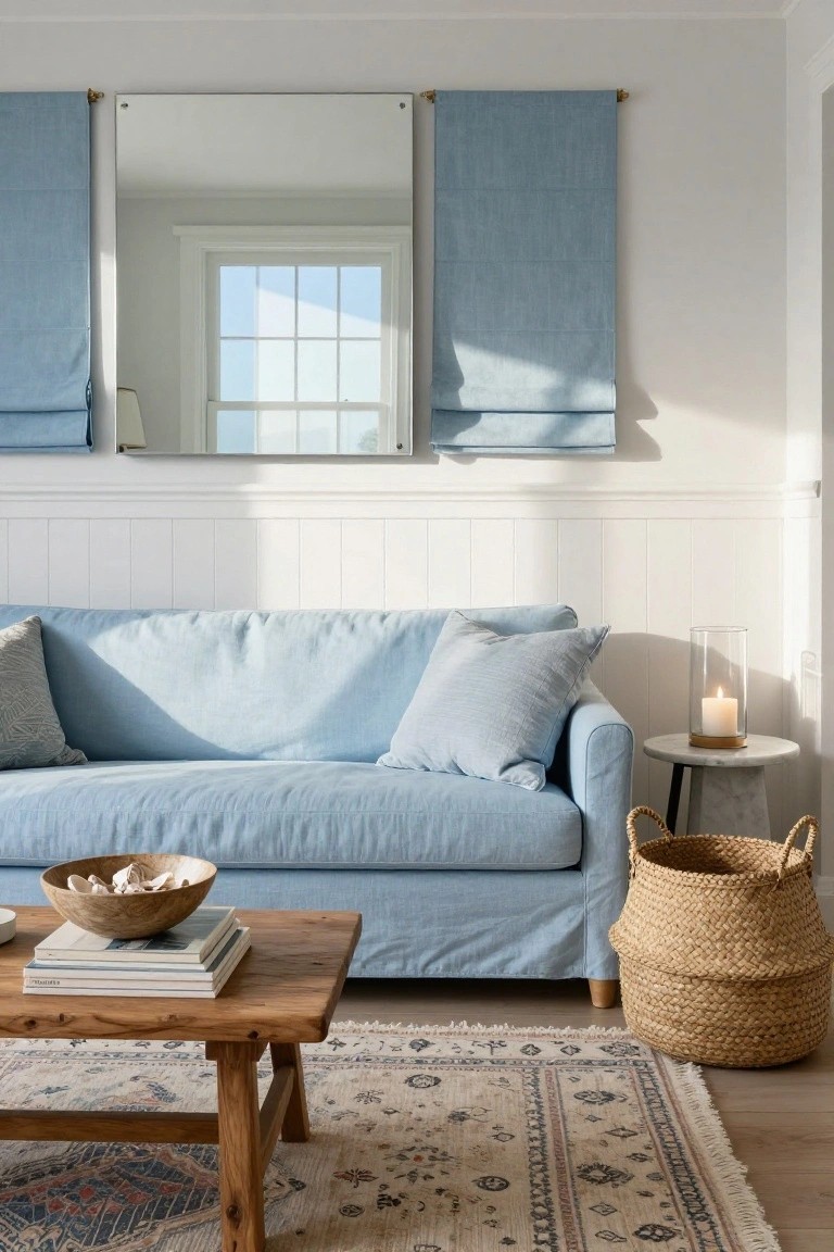 Light blue linen slipcovered sofa in a white paneled living room with wooden coffee table holding books and shell bowl, seagrass basket, marble side table with glass candle holder, blue roman shades flanking large mirror, and window with natural light.