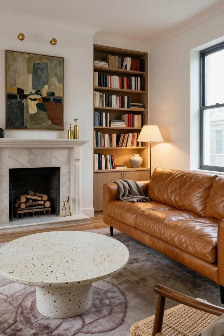 Living room interior with tan leather sofa facing marble fireplace stacked with logs, flanked by wooden bookshelves filled with books, round white coffee table on purple rug, rattan chair, and abstract wall art.