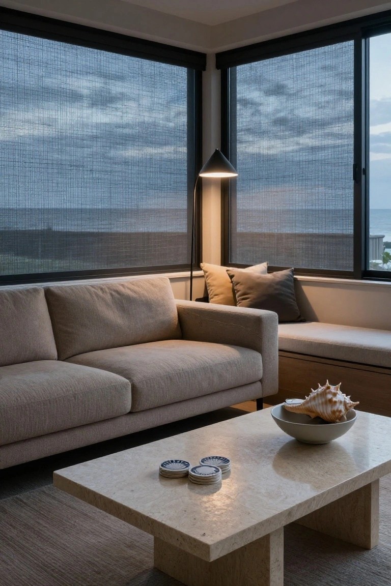 Apartment living room corner with light beige linen sofa, built-in cushioned bench, low rectangular travertine coffee table holding white bowl of shells and stacked blue porcelain saucers, slim floor lamp, and corner windows with reed blinds overlooking ocean at dusk.