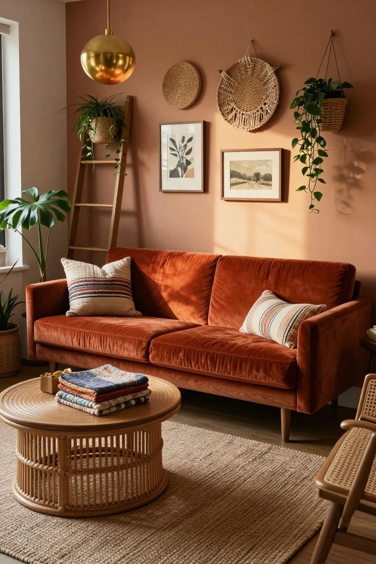 Apartment living room with rust-colored velvet sofa, rattan coffee table and chairs, seagrass rug, potted plants, woven wall hangings, ladder shelf, framed art, and terracotta walls lit by a gold pendant light.