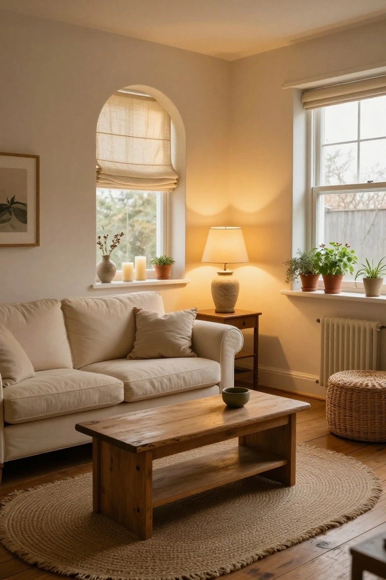 Cozy living room corner featuring a cream fabric sofa, low rustic wooden coffee table with open shelf on a round beige jute rug, potted plants on windowsills, table lamp on side table, and arched window with linen shade.