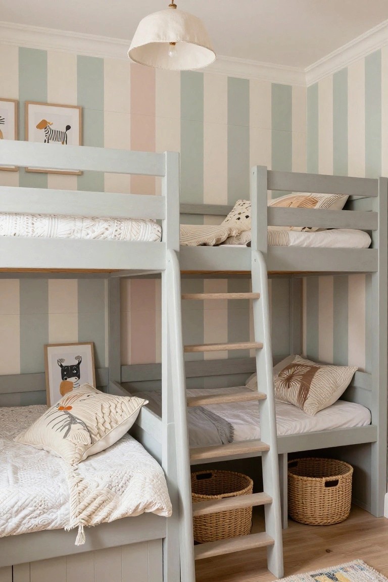 Gray wooden bunk beds in a children's bedroom with pastel striped walls, white knit bedding, patterned pillows, and wicker baskets stored under the lower bunk.