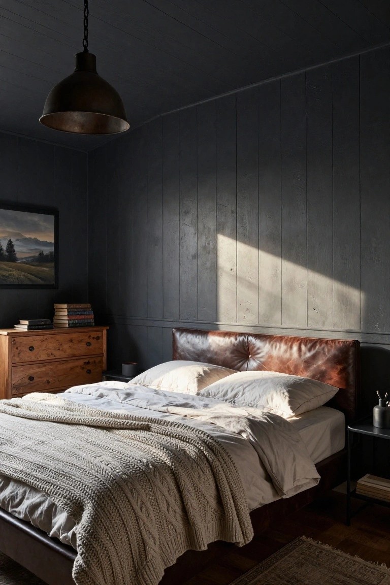 Bedroom with dark gray vertical shiplap paneled walls, brown leather tufted headboard on bed with white sheets and cream knit throw, wooden dresser with stacked books, black side table with vase, hanging industrial pendant light, and framed landscape painting.
