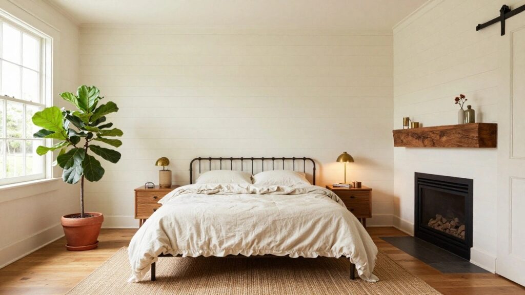 Cozy bedroom interior with white shiplap walls, a fireplace featuring a reclaimed wood mantel shelf, double-hung windows with a fiddle leaf fig plant, king bed with white linens and plaid throw, wooden nightstand, and seagrass rug on hardwood floors.