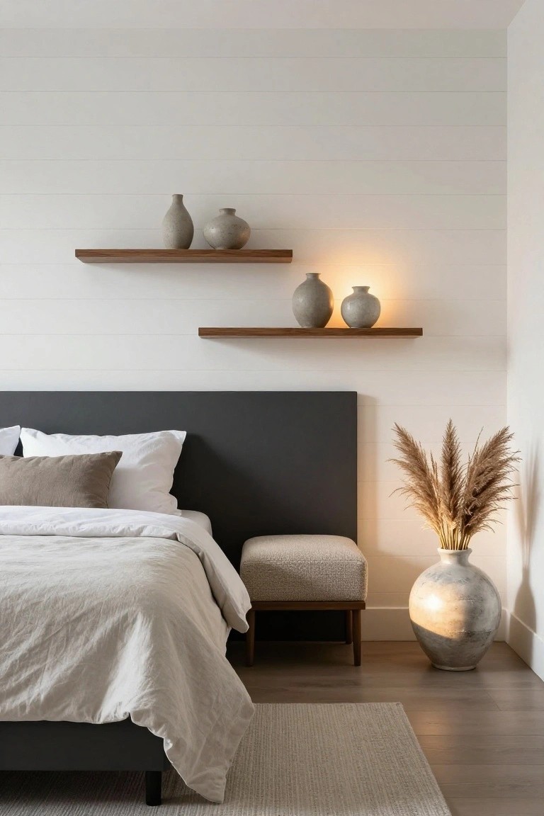 Bedroom with white shiplap walls, two floating wooden shelves holding gray ceramic vases including one lit from within, dark gray upholstered headboard, white and beige linen bedding, tall pampas grass in a large floor vase, beige stool, and light wood floors with seagrass rug.