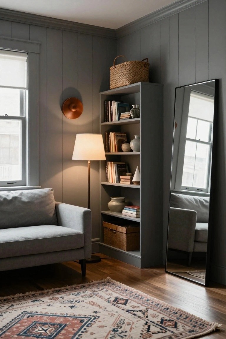 Corner of a bedroom with light gray vertical shiplap paneled walls, tall gray bookshelves filled with books, vases, and boxes, a light gray armchair, tall floor lamp, slim black-framed full-length mirror, and an oriental-style rug on light wood floors.