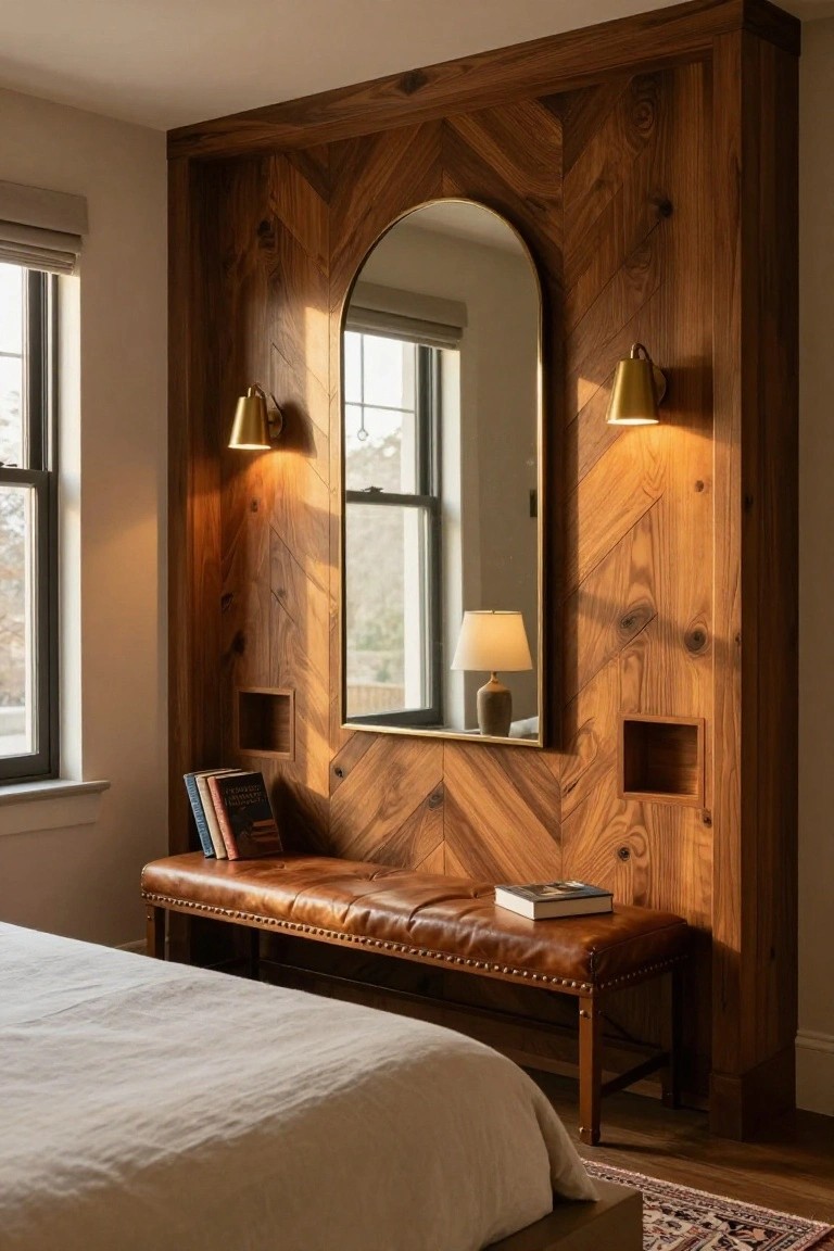 Bedroom with tall arched gold-framed mirror set into herringbone-patterned walnut wood wall paneling that includes built-in niches and brass sconces, plus a tufted leather bench holding books at the foot of a low white bed on hardwood floor with Persian rug.