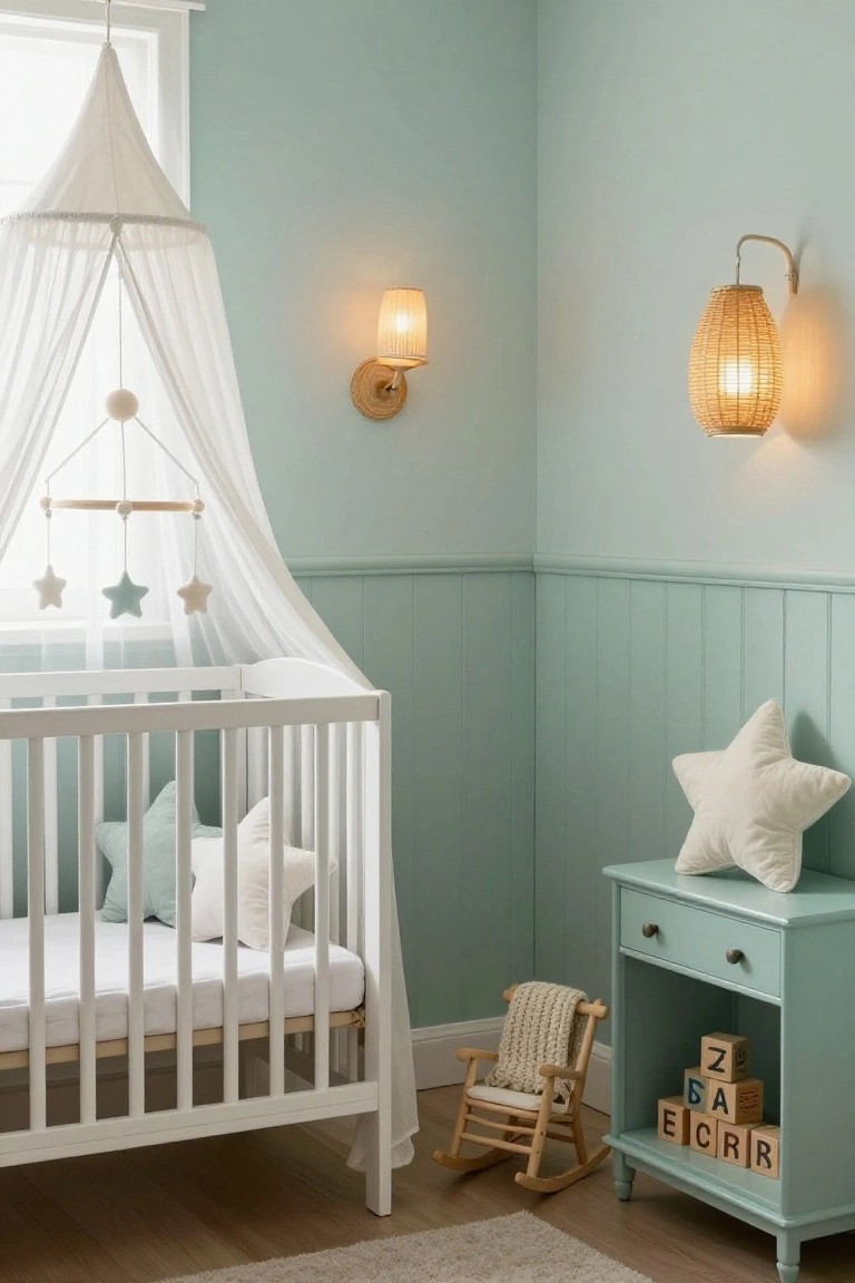 Nursery room with white crib under white canopy and mobile, mint green shiplap-paneled lower walls, turquoise dresser holding wooden ABC blocks and star pillow, wooden rocking chair with blanket, and wall lamps.