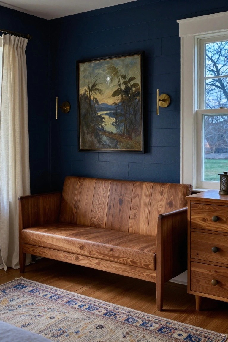 Bedroom corner with navy shiplap walls, wooden loveseat sofa, matching wooden dresser, framed painting of palm trees and landscape, sheer curtains on window showing winter trees outside, and patterned rug on hardwood floor.