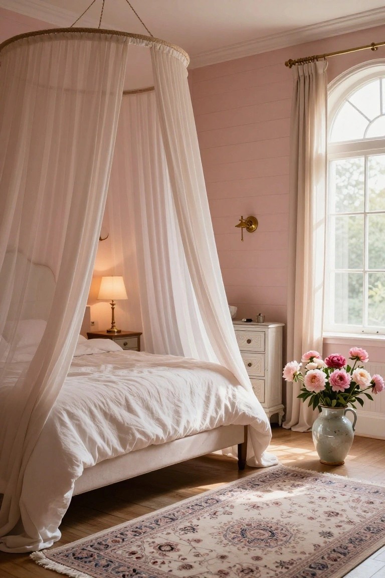 A bedroom with pale pink shiplap walls, a white canopy bed draped in sheer fabric, bedside table with lamp, white dresser, vase of pink peonies, arched window with curtains, and patterned rug on wood floor.