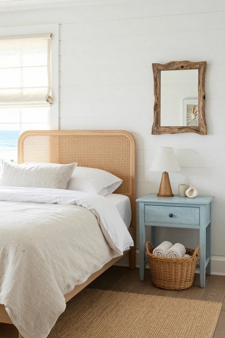 Bedroom interior with white shiplap walls, curved beige rattan headboard on a bed with white and beige linens, turquoise nightstand holding a lamp and basket of towels, driftwood-framed mirror, and window with ocean view.