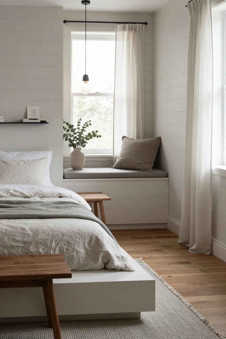 Bedroom with white shiplap walls, low white platform bed with white linens and gray knit throw, wooden angled nightstand, built-in white window bench with gray cushion and pillow, sheer white curtains on double-hung window, beige vase of eucalyptus on sill, and light oak floors with cream rug.