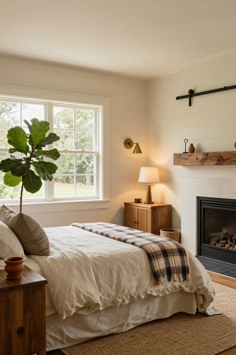 Cozy bedroom interior with white shiplap walls, a fireplace featuring a reclaimed wood mantel shelf, double-hung windows with a fiddle leaf fig plant, king bed with white linens and plaid throw, wooden nightstand, and seagrass rug on hardwood floors.