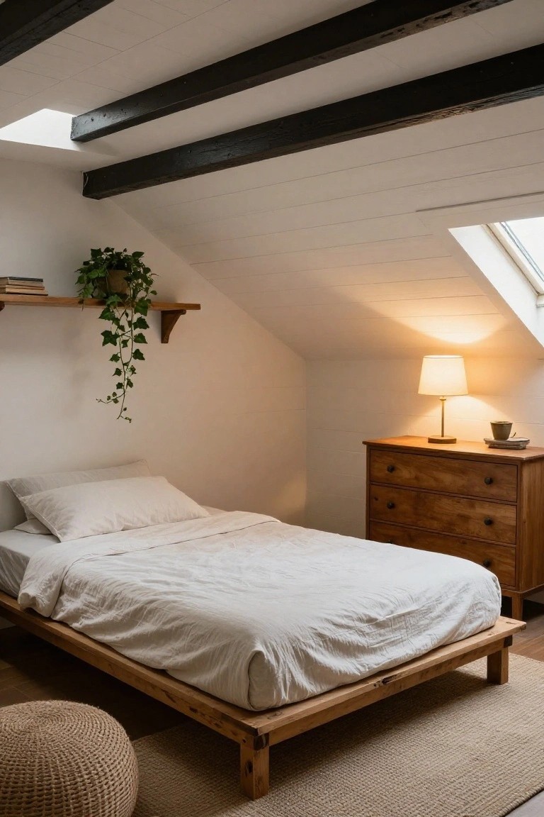 Attic bedroom featuring white shiplap walls and sloped ceiling with exposed dark wooden beams, wooden platform bed with white linens, wooden dresser with lamp, ivy plant on shelf, skylight, and rattan pouf on seagrass rug.
