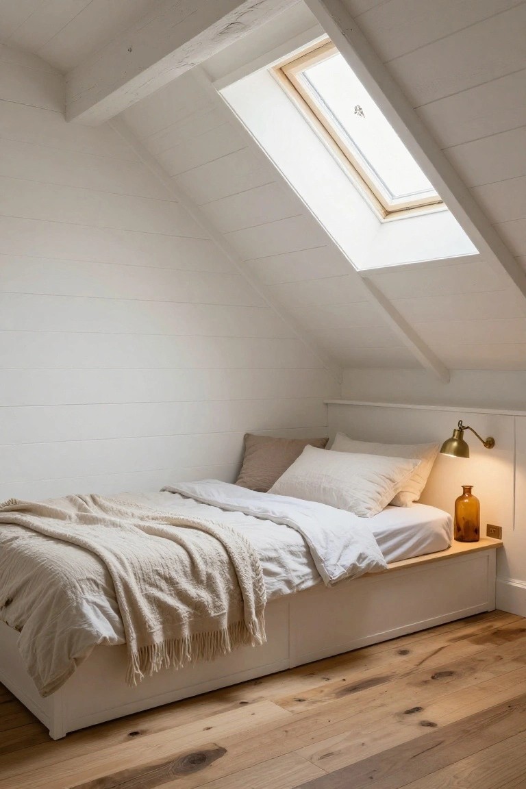 White shiplap covers the walls and sloped ceiling of a small attic bedroom with a built-in platform bed, neutral linens, brass wall lamp, amber glass bottle, and skylight.