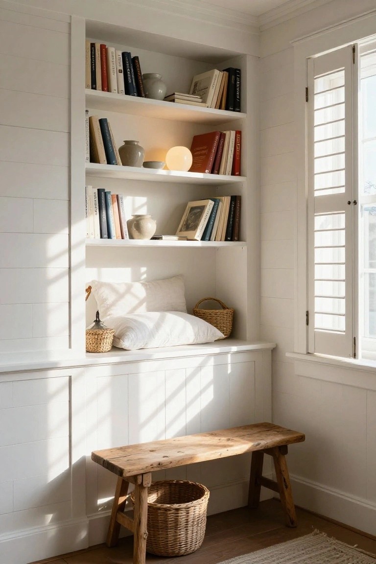 White shiplap paneled corner with built-in bookshelves, a wooden bench seat with pillows and baskets, ceramics, and a window with shutters letting in sunlight.