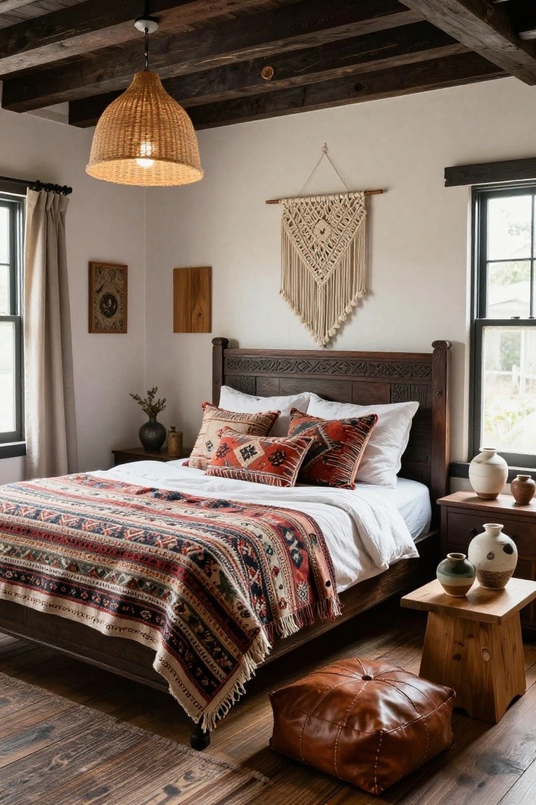 A bedroom with white shiplap walls, exposed dark wooden ceiling beams, rattan pendant lamp, carved wood bed frame with colorful striped bedding and patterned pillows, macrame wall hanging, wooden nightstands with pottery, leather ottoman, and hardwood floors.