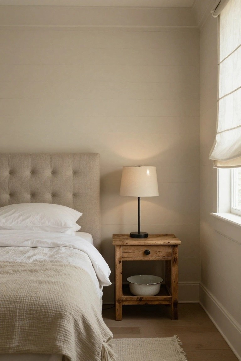 Beige bedroom interior with horizontal shiplap walls, tufted fabric headboard on bed with white sheets and beige throw, wooden nightstand with black lamp and white metal bowl, window with roman shade, hardwood floor.
