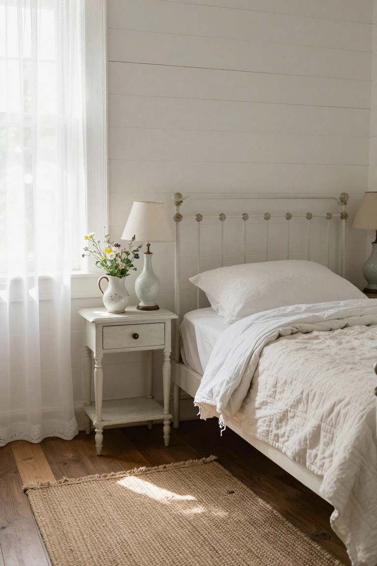 Sunlit bedroom corner with white shiplap walls, white metal bed frame draped in white sheets and beige quilt, wooden nightstand with lamp and white vase of wildflowers, sheer curtains on window, and jute rug on hardwood floor.