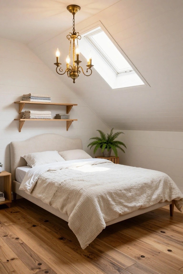 Attic bedroom with white shiplap walls on sloped ceiling, brass four-arm chandelier, wooden floating shelves holding folded linens and a small box, upholstered bed with white textured bedding, potted fern on wood side table, skylight, and hardwood plank floors.