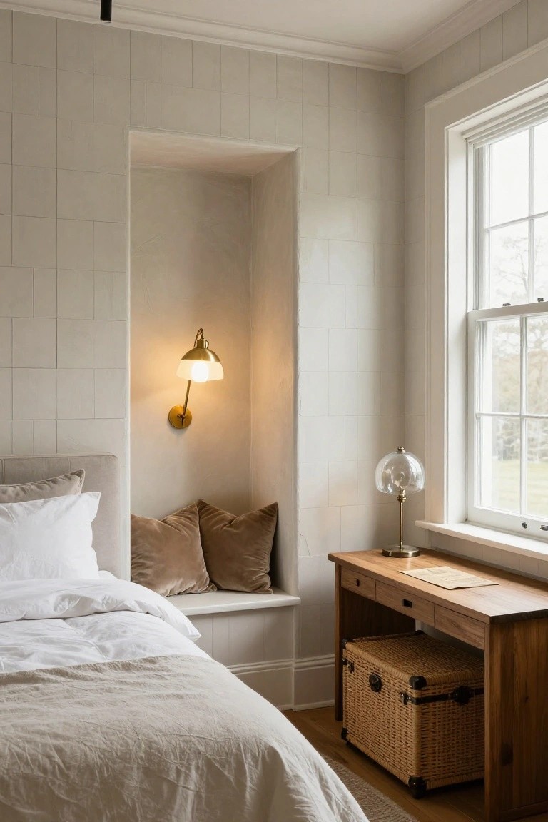 Bedroom corner with light beige shiplap walls, built-in window bench piled with brown velvet pillows, white bed, wooden desk holding glass lamp and paper beside large white-framed window, brass wall sconce lit up.
