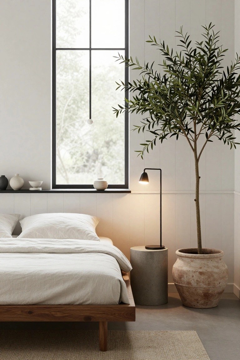 Bedroom interior with white shiplap paneled walls, low wooden platform bed dressed in white linens, tall potted olive tree in terracotta pot next to concrete stool holding black floor lamp, and black-framed window with shelves above.