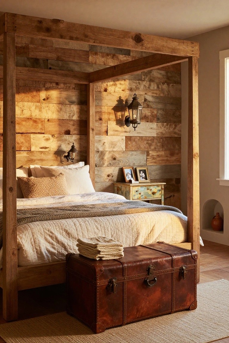A four-poster bed with white linens stands against a textured reclaimed wood shiplap accent wall in a bedroom, with wall-mounted lanterns, a small nightstand holding framed photos, and a leather trunk at the bed's foot on a wood floor.