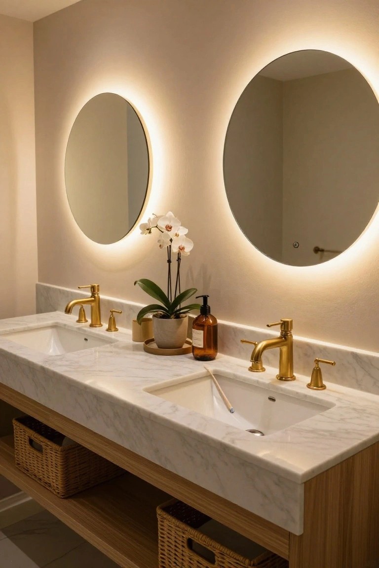 Double bathroom vanity with white marble countertop, two round mirrors with golden LED backlighting, gold faucets, potted orchids, lotion bottles, and woven storage baskets below.