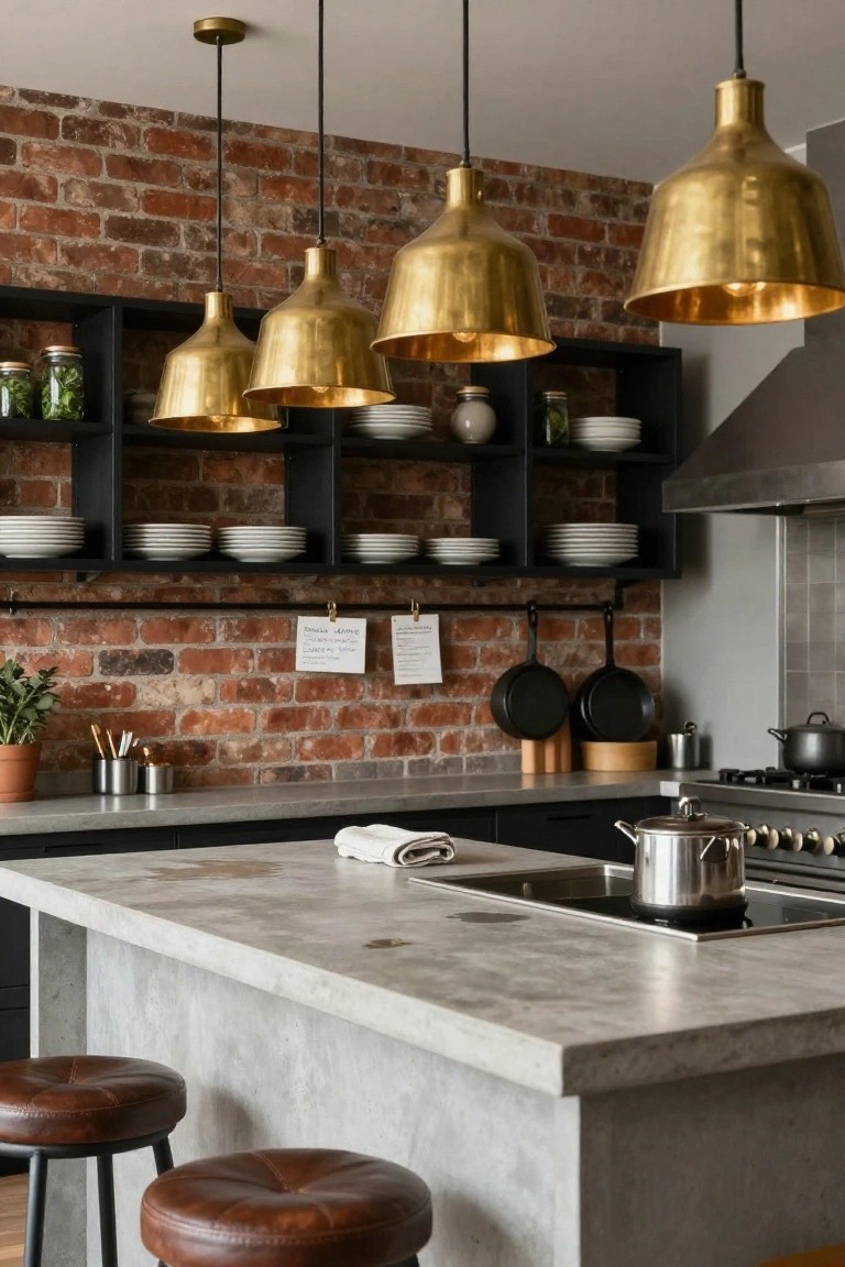Modern kitchen with exposed brick accent wall, black open shelving stocked with dishes and jars, matte black range hood, gray concrete island with built-in cooktop and sink, two brown leather bar stools, and five hanging conical brass pendant lights.