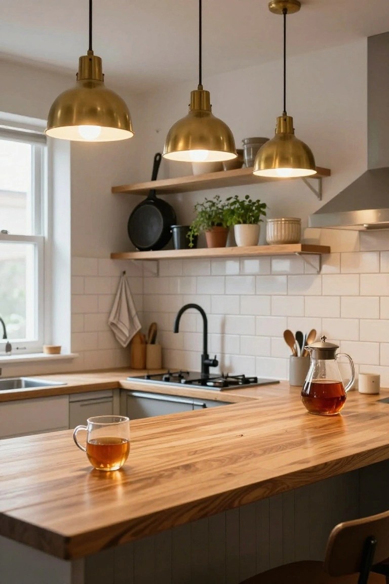 A kitchen with three brass pendant lights hanging over a wooden island countertop holding two glasses of tea, white subway tile backsplash, black faucet sink, gas stove, open wood shelves with pots and plants, and a window nearby.