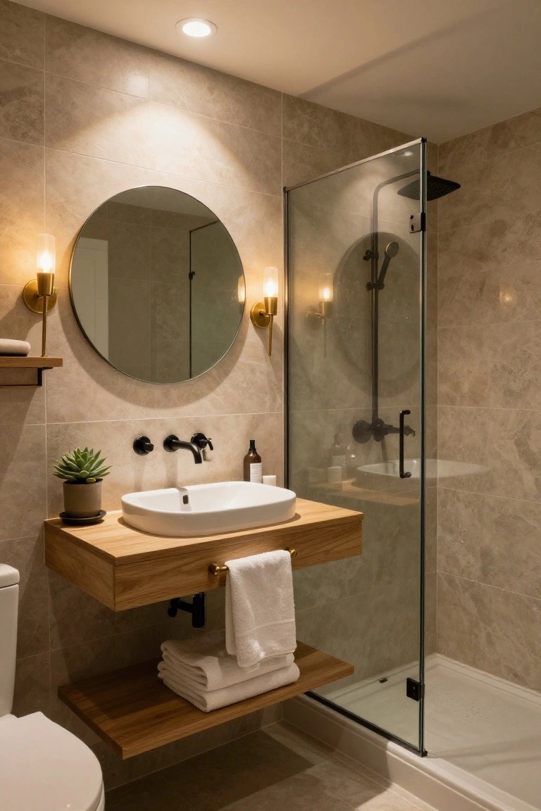Modern apartment bathroom with light beige veined tile walls, large round mirror flanked by two brass sconces, floating wooden vanity and shelf with white sink, toilet, and clear glass shower enclosure.