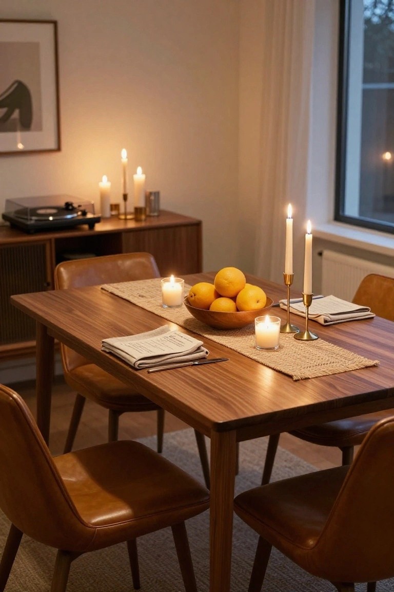 Dining room with wooden table set for dinner including candles of various heights, bowl of oranges, folded napkins and utensils on placemats, leather chairs, sideboard with record player, and warm candlelight.