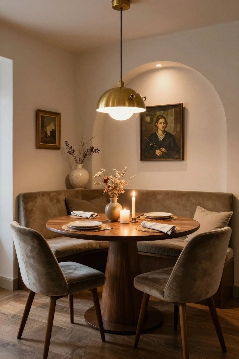 A small indoor dining nook with a curved beige upholstered banquette, round wooden pedestal table set for dinner, two matching beige velvet chairs, gold pendant lamp overhead, candles on the table, dried flowers in vases, and framed paintings on light walls with an arched niche.